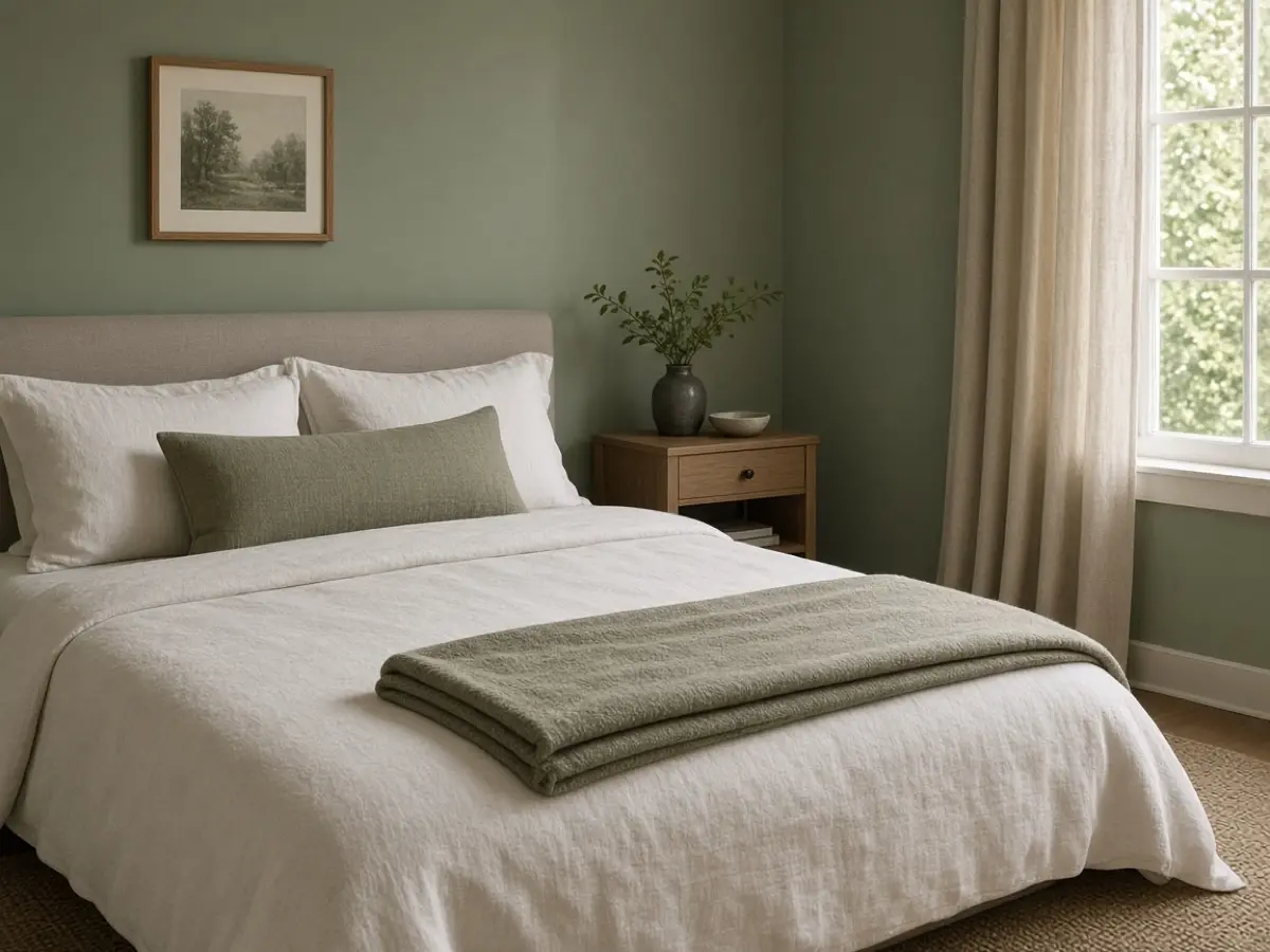 One warm gray blanket folded at the foot of a sage bed