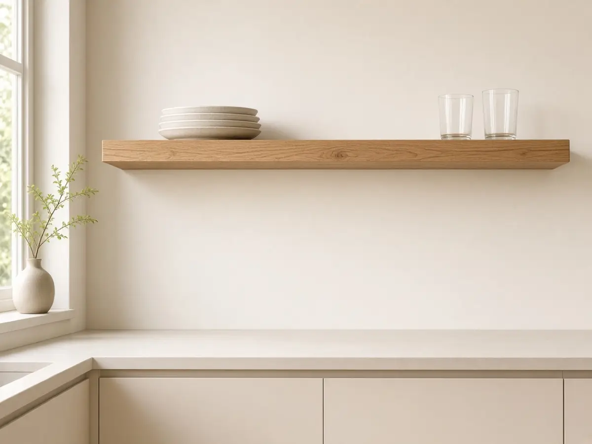 One oak open shelf on a kitchen wall holding everyday plates and two glasses