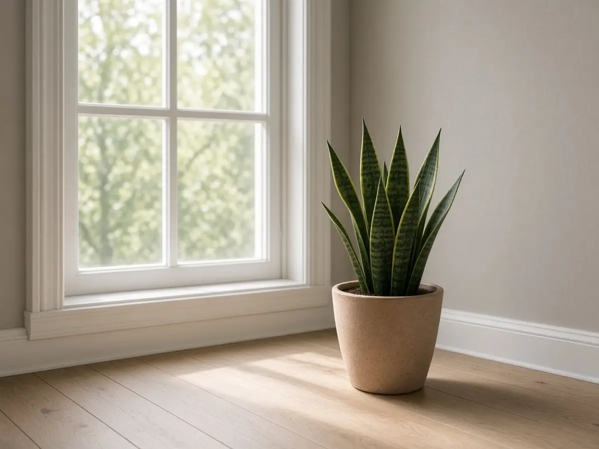 A snake plant in a simple pot on the floor beside a bright window