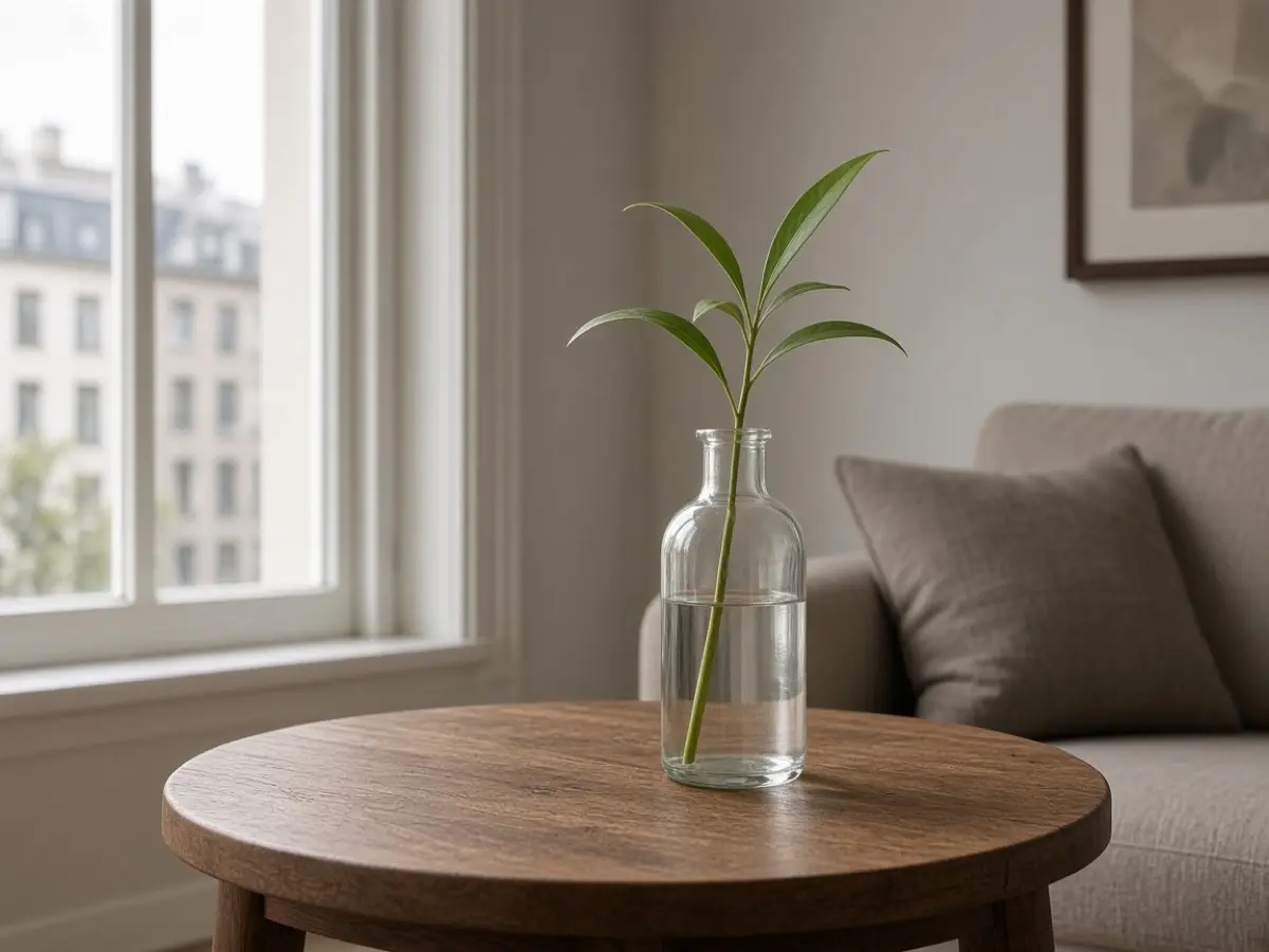One leafy plant in a simple bottle on a low wood table