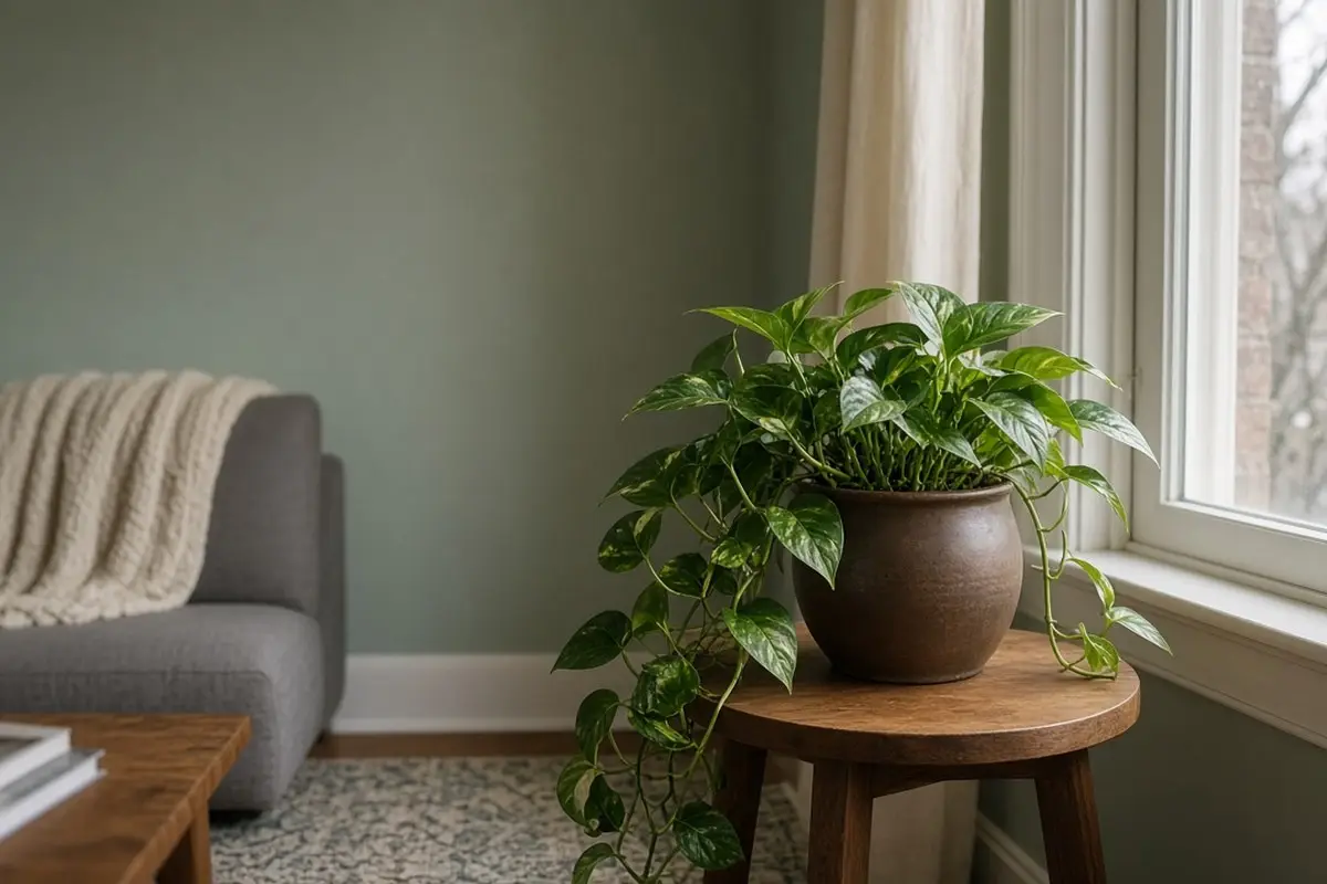 Pothos in a brown pot by a north window