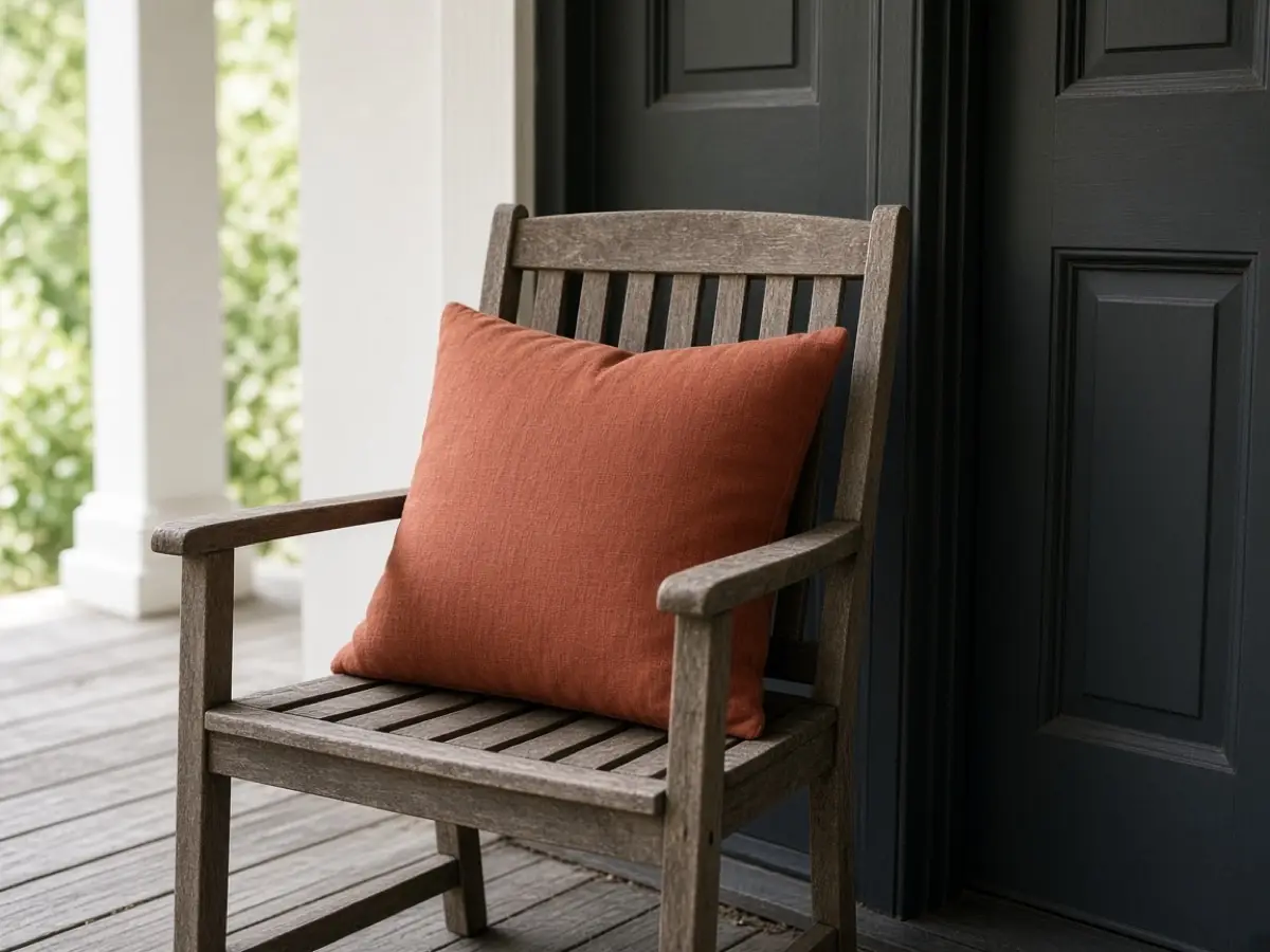 One rust pillow on a porch chair that was already by the door