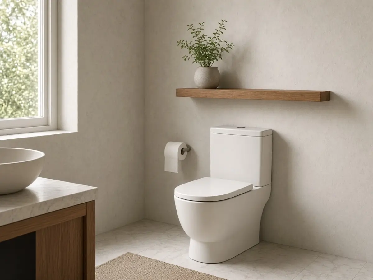 A single small shelf above a toilet with one plant and empty space