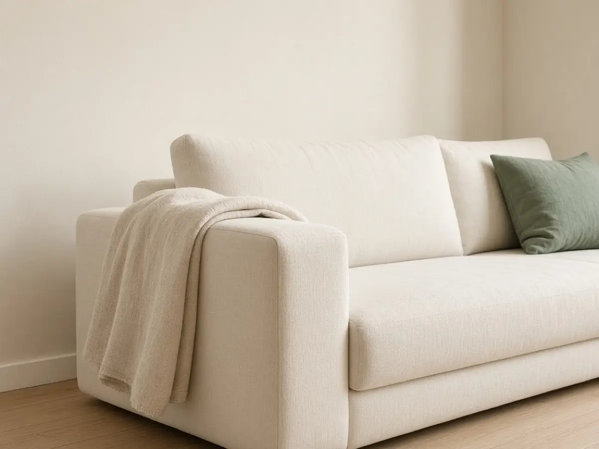 One oatmeal linen throw folded once over a clear sofa arm