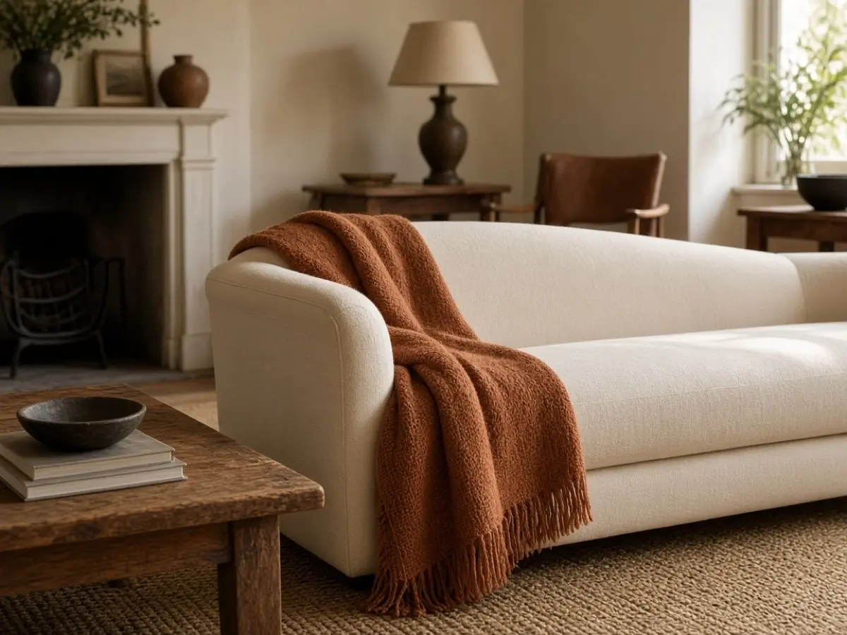 One rust throw folded over the arm of a cream sofa