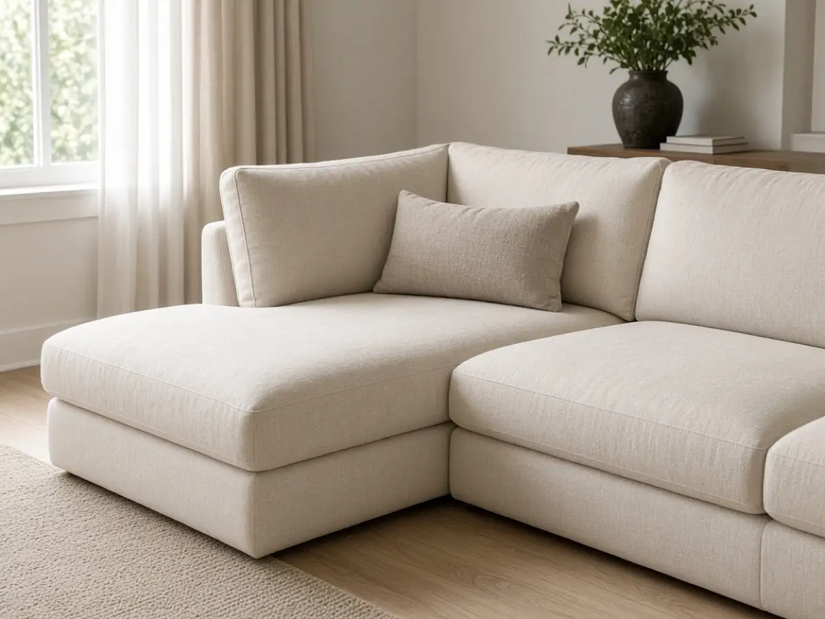The inside corner of a sectional with one pillow and an open seat