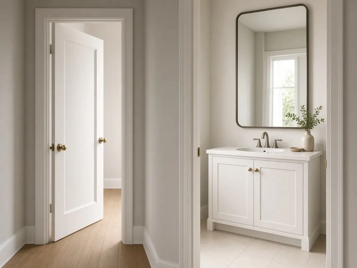 A small bathroom door opened flat so hall light reaches a white vanity mirror
