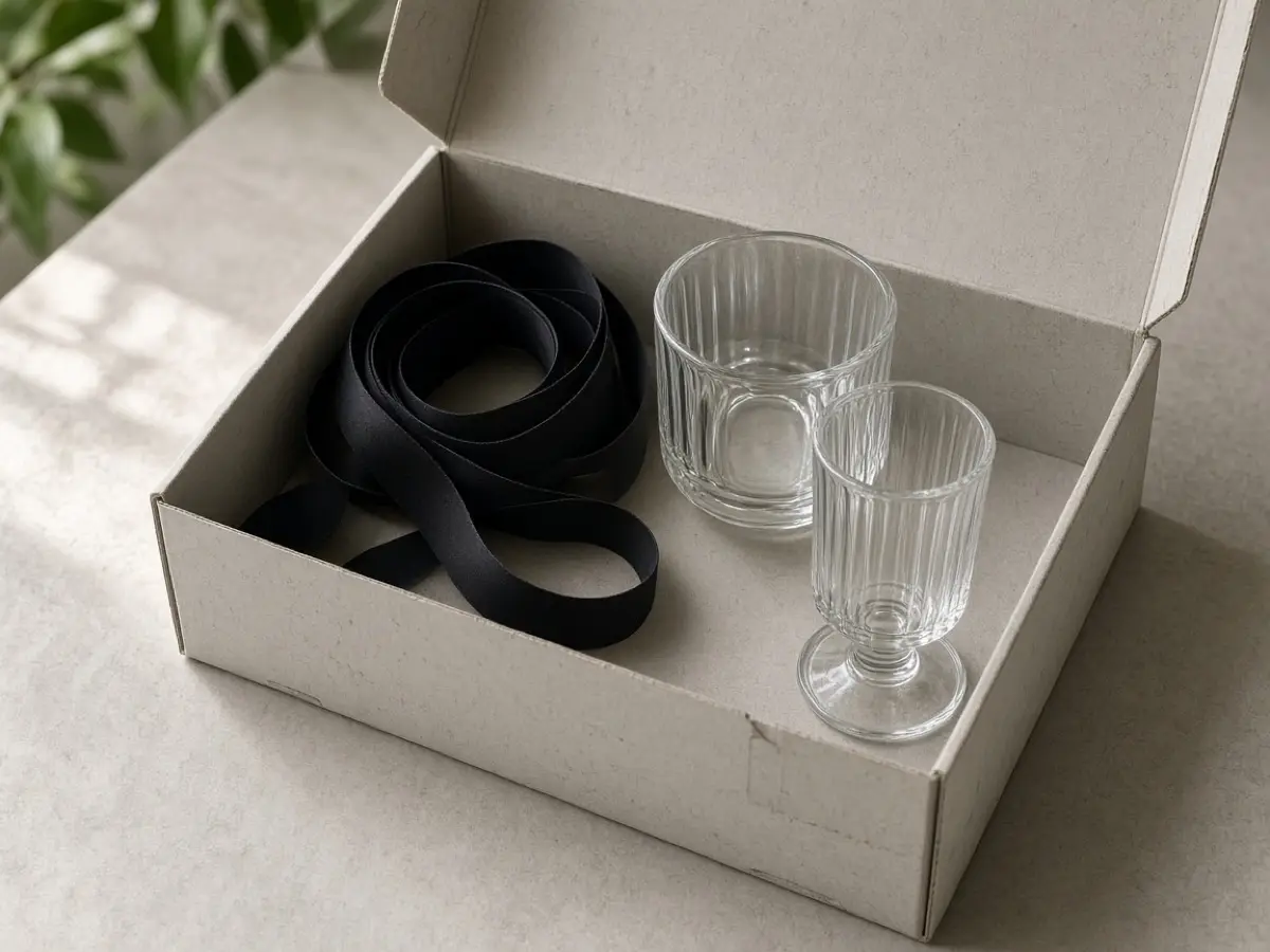 A small box holding a black ribbon and glass candle holders, ready to store