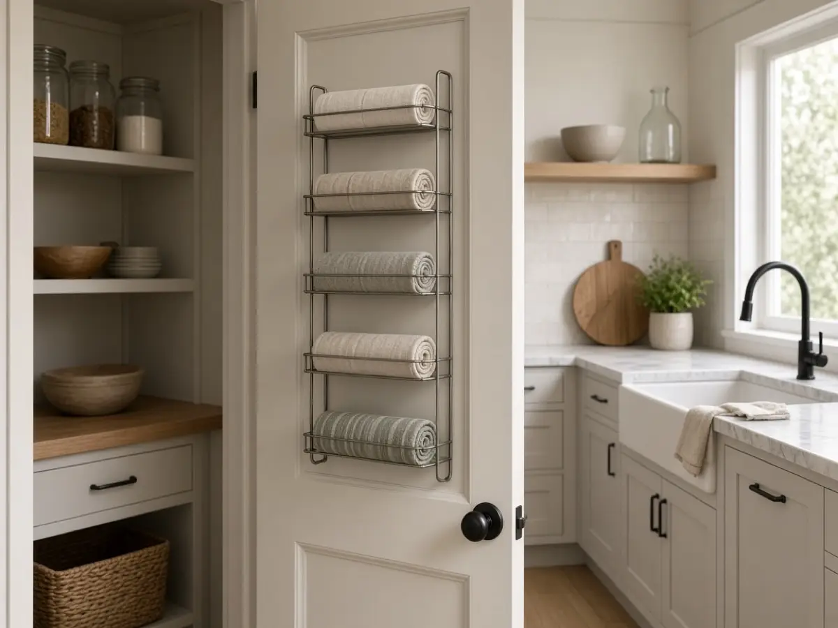 A light over-door rack on a pantry holding wraps and bags
