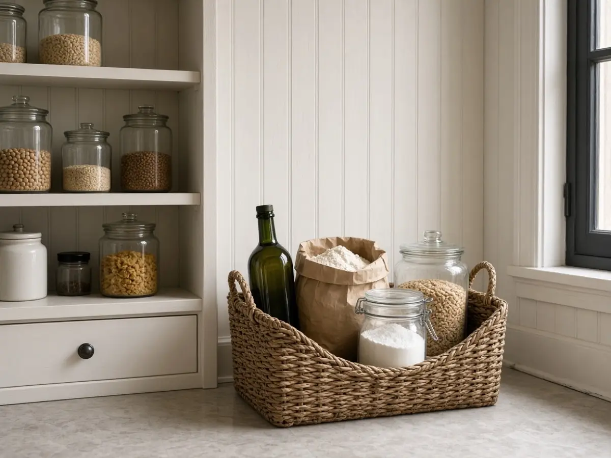 A floor bin in a pantry holding oil, flour, and jars