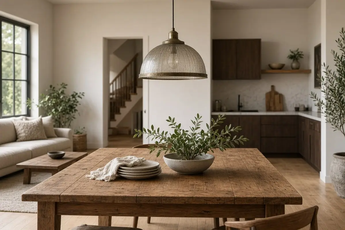 Pendant light centered over a dining table in an open room