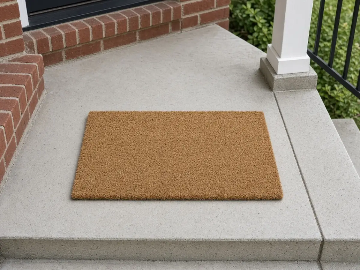 A plain coir doormat centered on a small porch landing