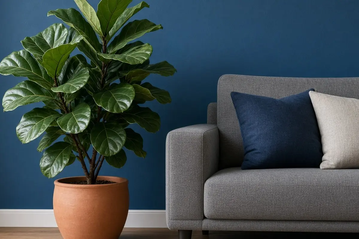 Leafy plant in a terracotta pot beside a gray sofa