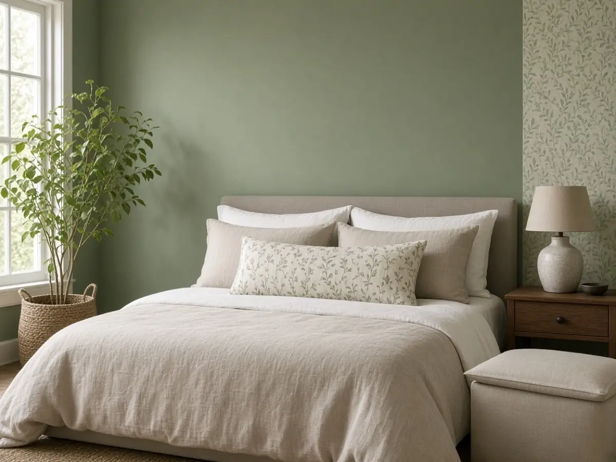Solid sage bedding with one small patterned pillow