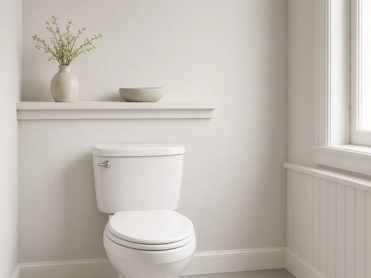 A toilet wall with one shallow shelf painted like the wall