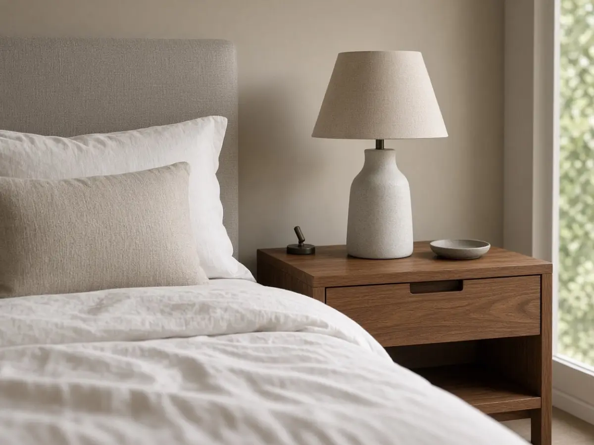A bedside lamp with the switch close to the pillow on a small nightstand