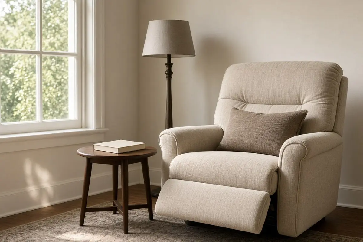 Recliner by a window with a floor lamp and a small side table
