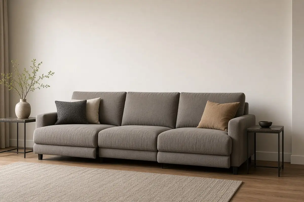 Reclining sofa on a long wall with small side tables and no coffee table