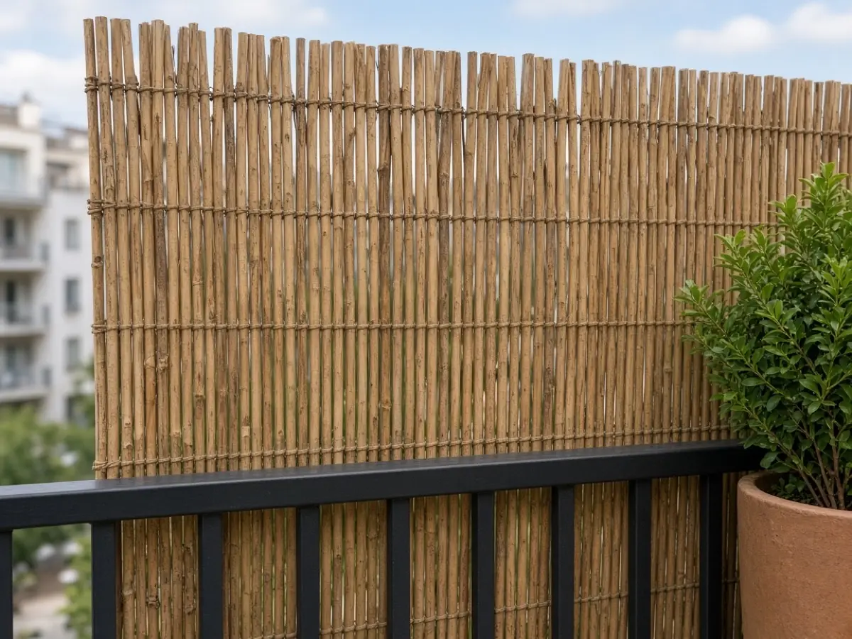 A reed screen tied inside a balcony rail, no screws in the metal
