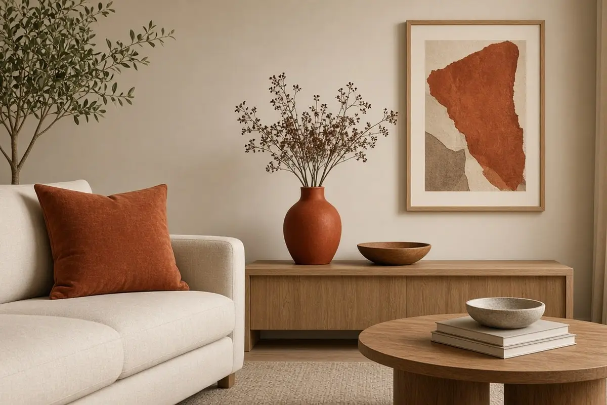 One deep accent repeated three times around a beige living room