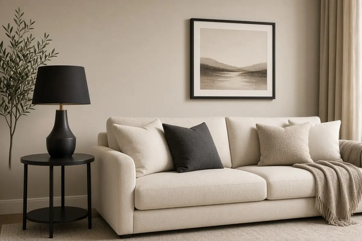 Black accents repeated in three spots around a beige room