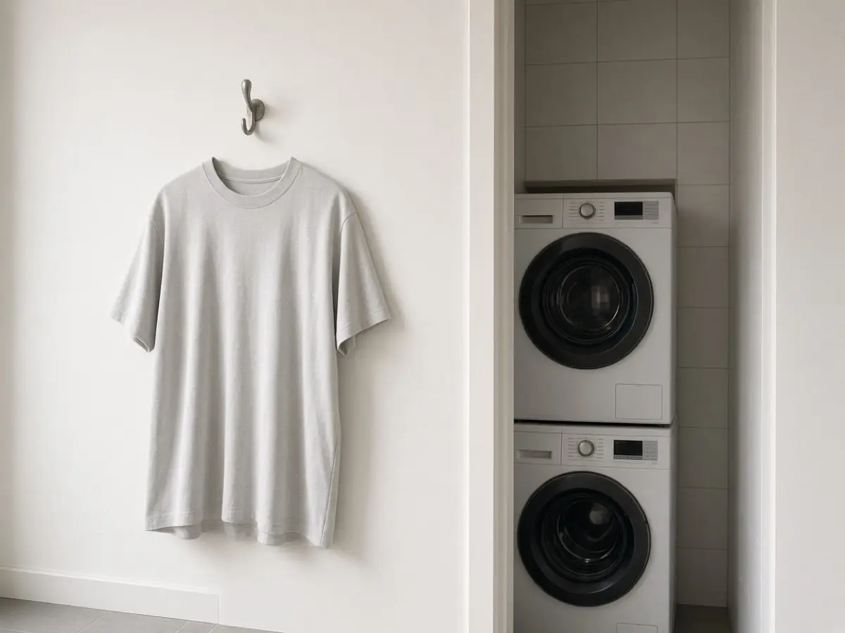 A single hook on a laundry wall holding one shirt that needs another wash