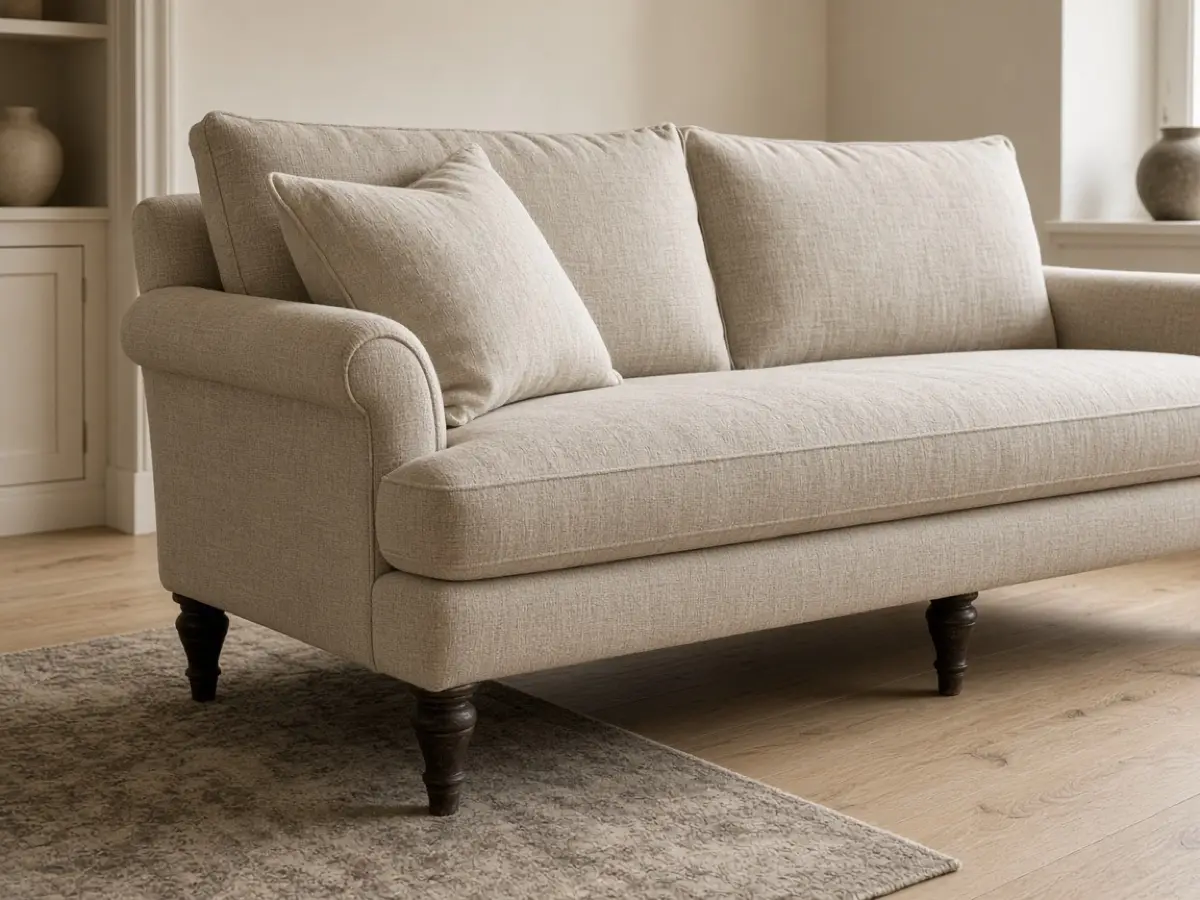 Front legs of an oatmeal sofa on a wool rug, back legs on oak floor
