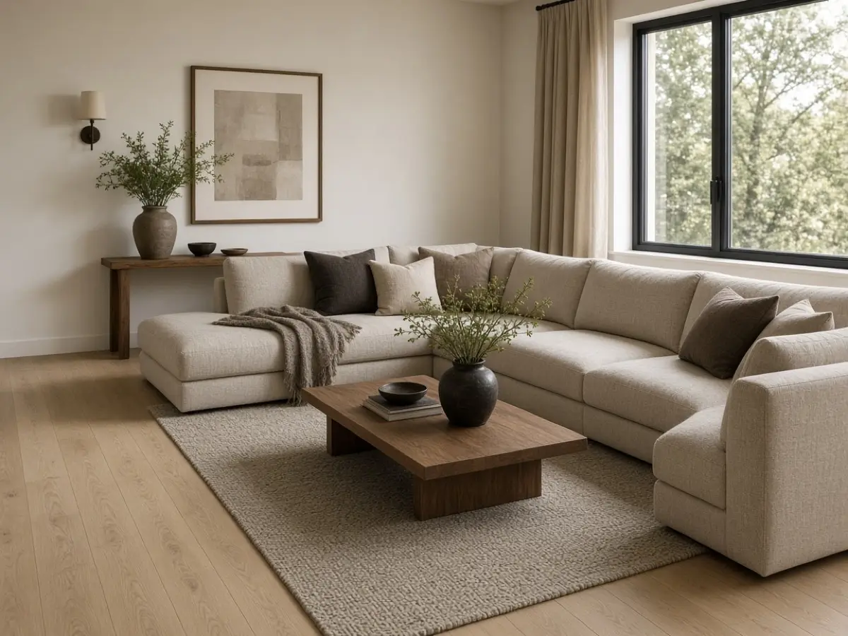 A rug under the front legs of an L-shaped sofa, path left clear