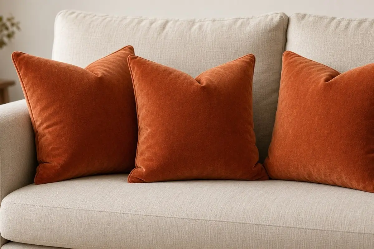 Rust velvet pillows on a beige sofa