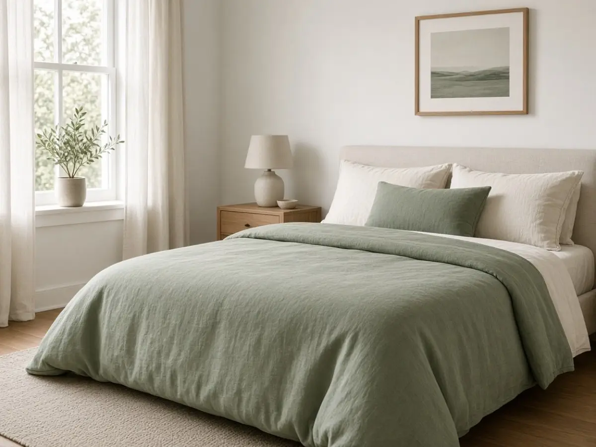 A sage duvet on a bed with white walls and cream sheets