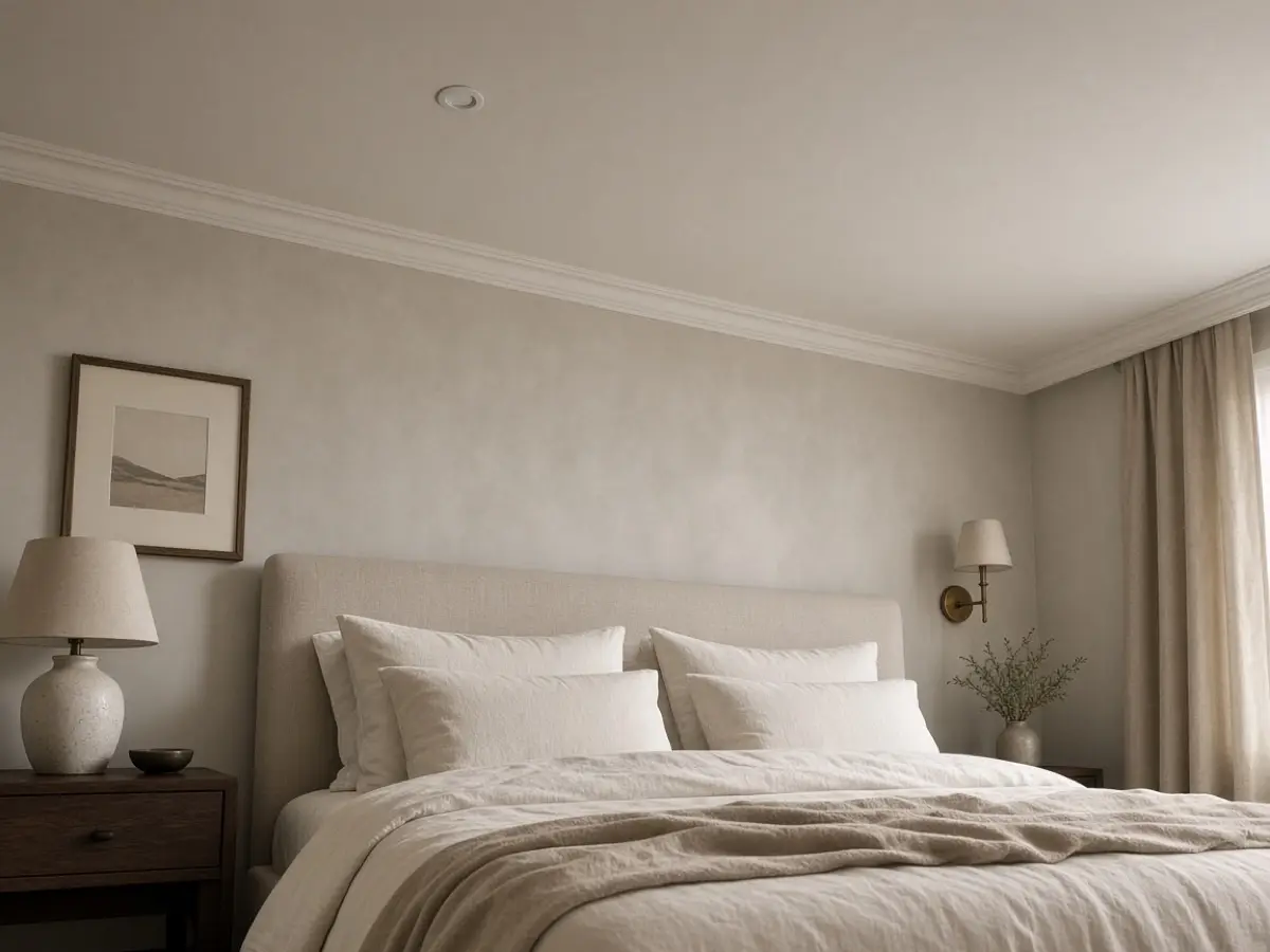 A bedroom ceiling painted the same soft color as the walls