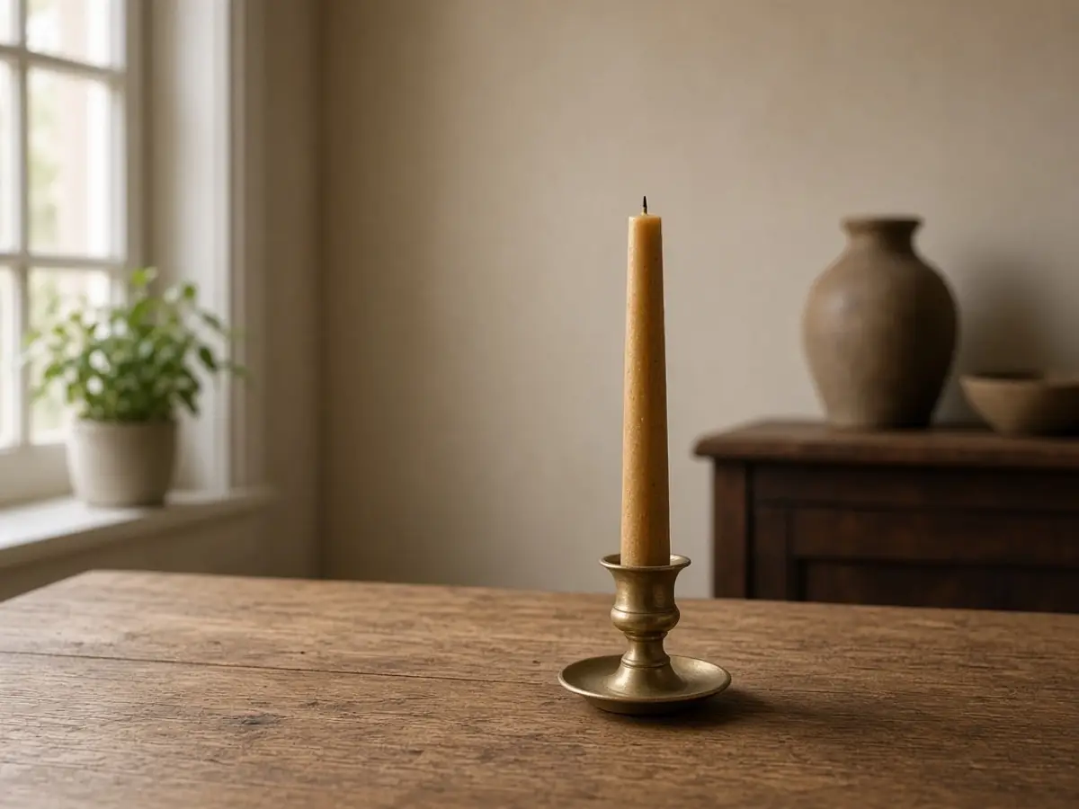 A beeswax taper in an existing brass holder on a wood table