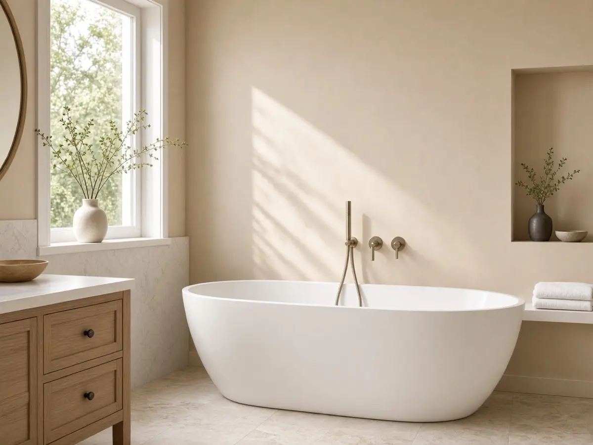 Light sand paint beside a white bathtub in daylight