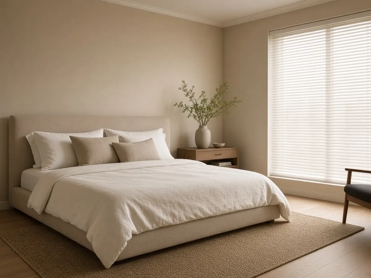 Sand-colored walls a half step warmer than closed bedroom blinds