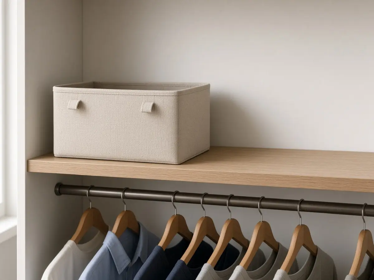 One fabric bin on a closet shelf with hanging clothes below