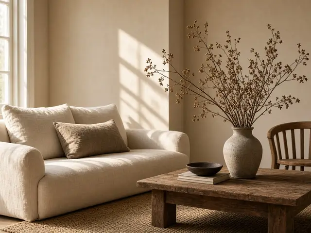A cream sofa corner with dried branches in a ceramic vase