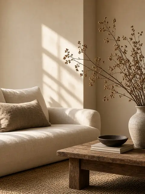 A cream sofa corner with dried branches in a ceramic vase