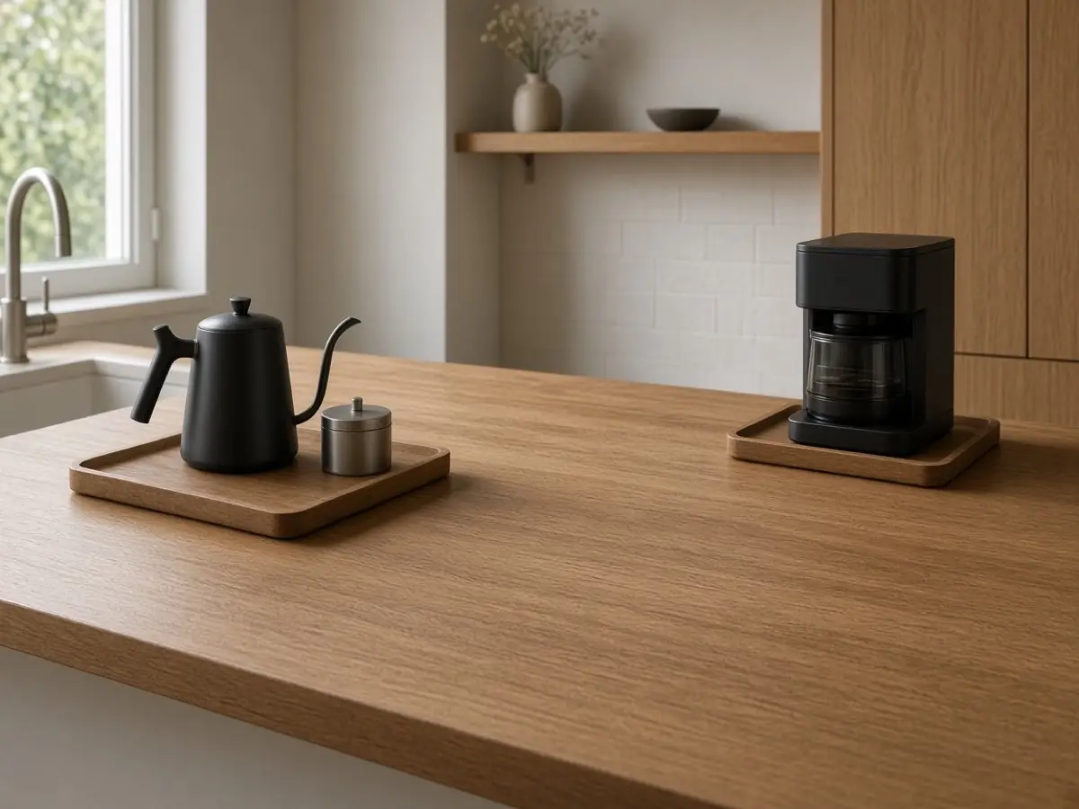 Two separate trays for tea and coffee at different ends of a counter