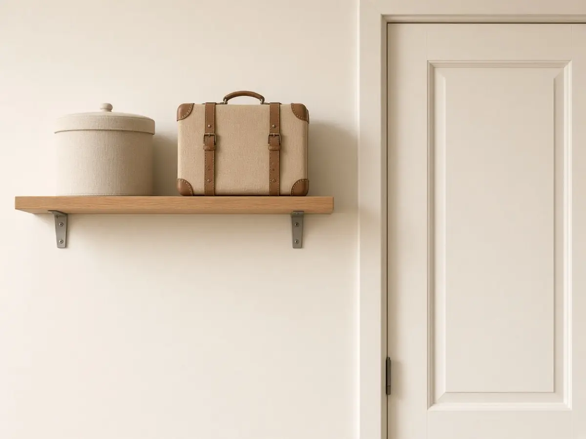 A short wood shelf above a closet door with a bin and a suitcase