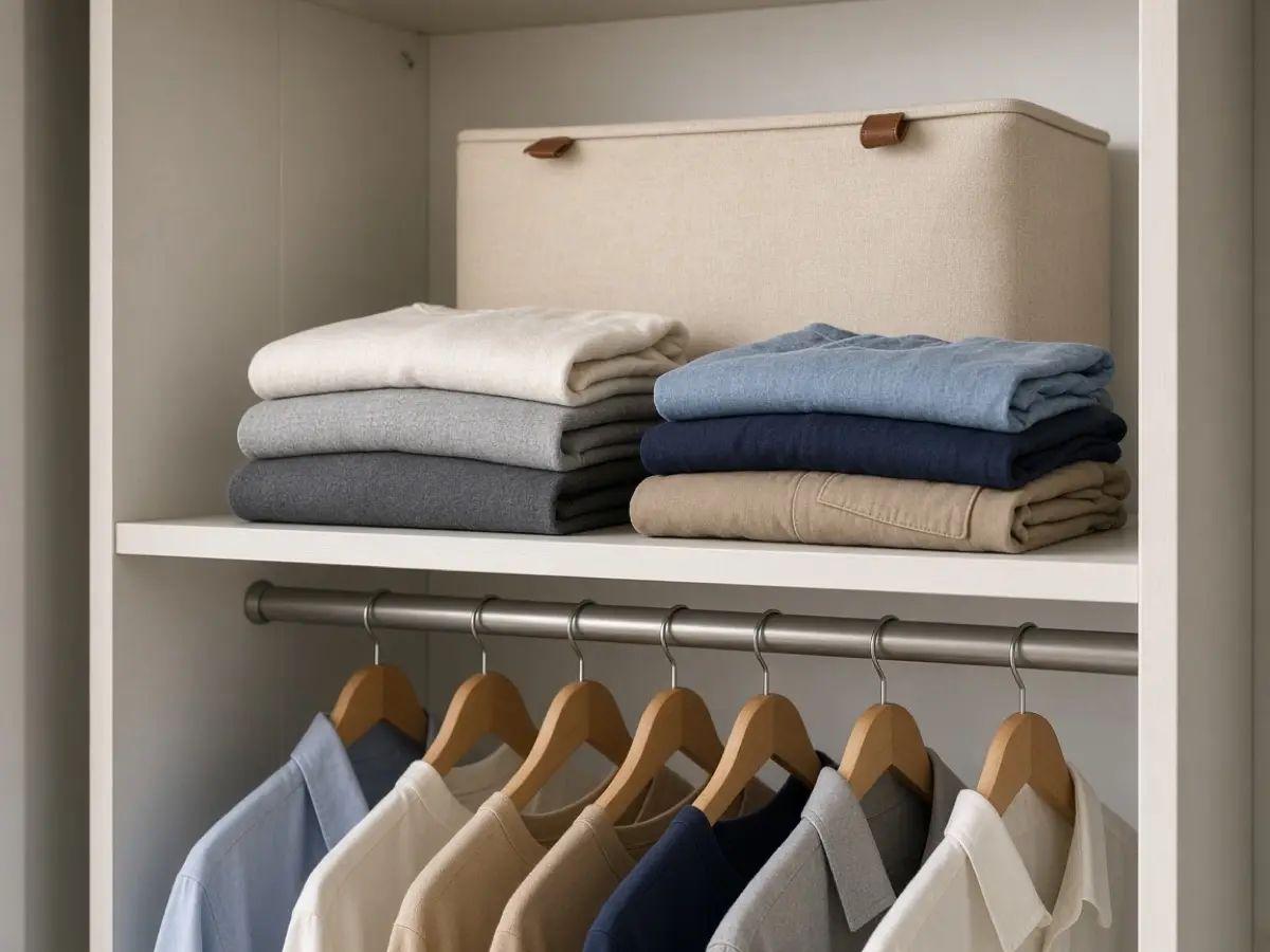 A closet shelf split by a divider, everyday folds in front and one bin behind