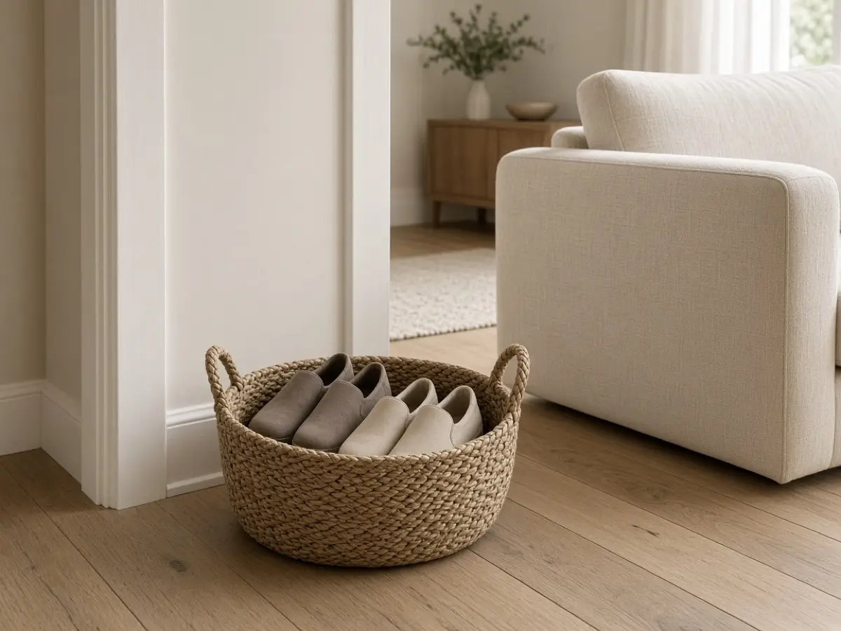 A woven basket of shoes by the entry, with the sofa arm kept clear