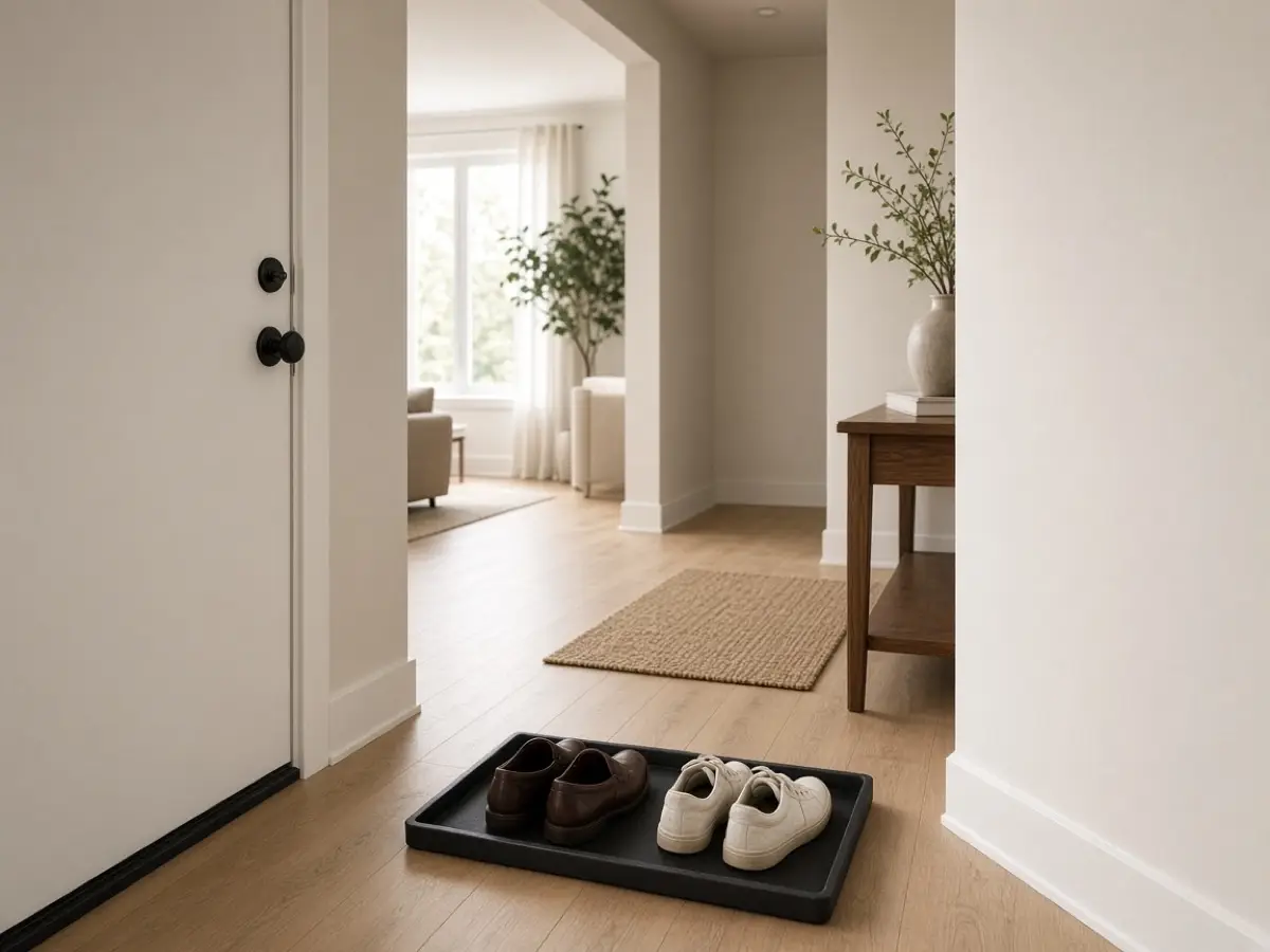A shoe tray just inside an apartment door with two pairs of shoes