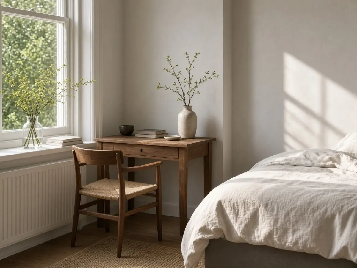 A narrow desk beside a window, with the bed still getting light
