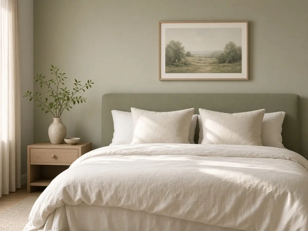 A low wood headboard against sage walls, color still visible