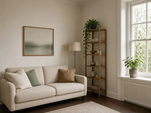 A compact living corner with a sofa, a narrow shelf, and a tall window