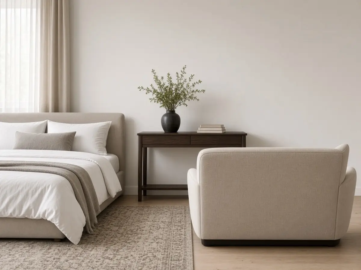 A loveseat with its back toward a bed in a small studio