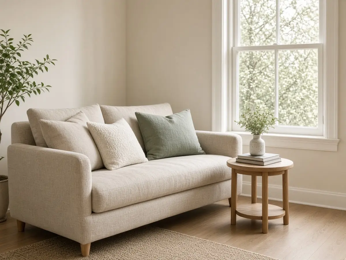 An oatmeal sofa angled toward a tall window with a side table at the arm