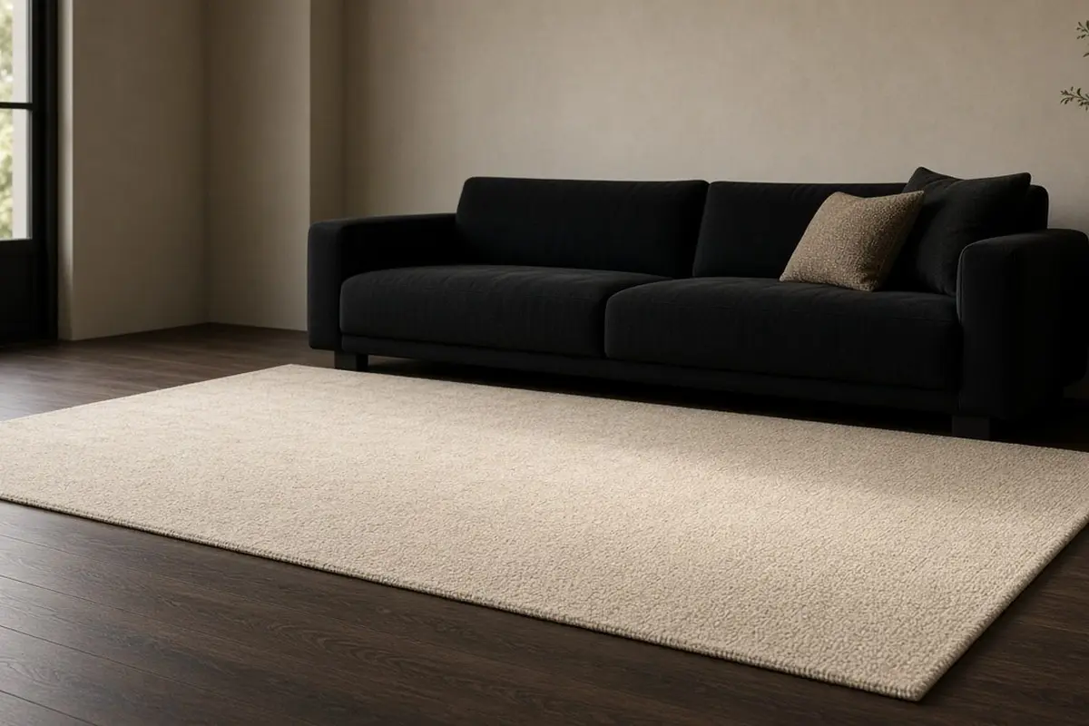 Large cream rug under a black sofa softening a dark floor