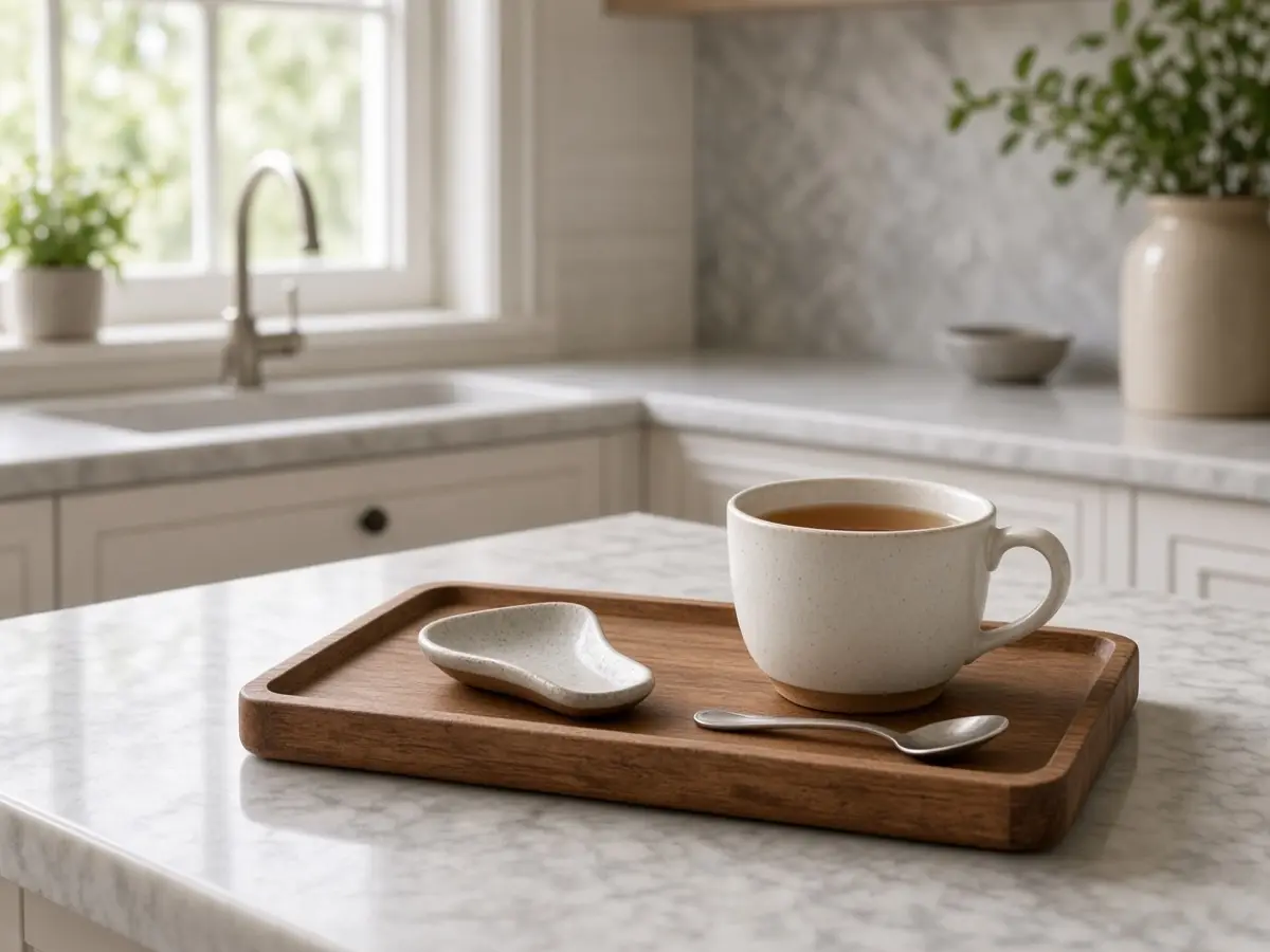 A small ceramic spoon rest on a tea tray beside a cup