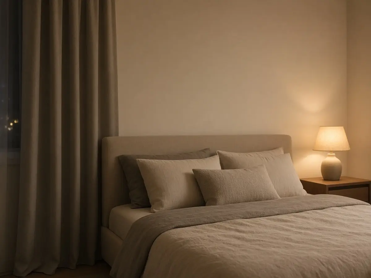 A bedroom at night with warm walls that stay steady as light crosses